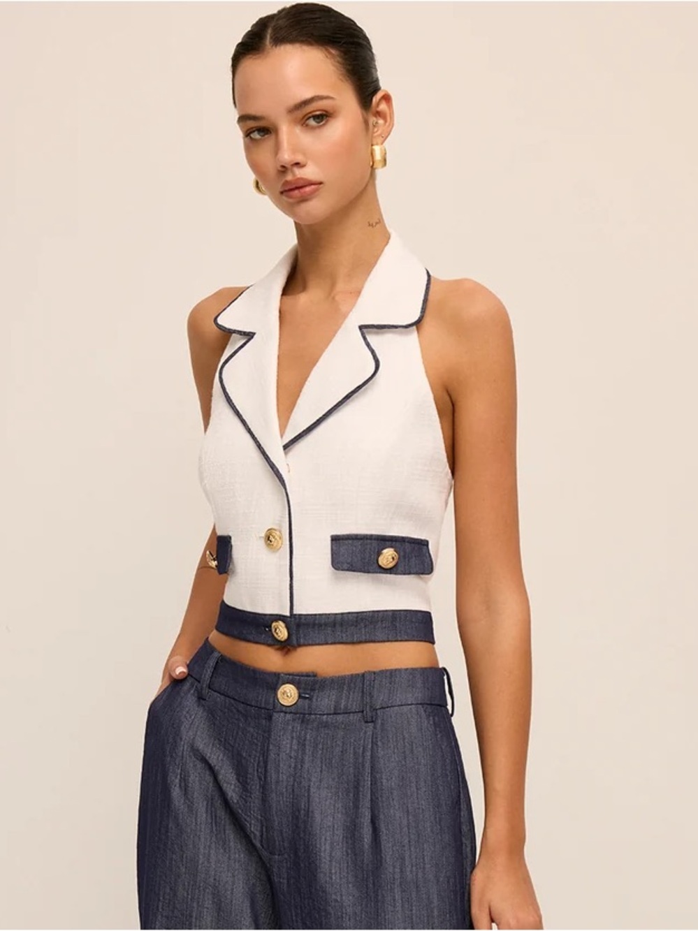 NWT ⚜️ Commense Tweed & Denim Cropped Halter Top - Picture 2 of 13